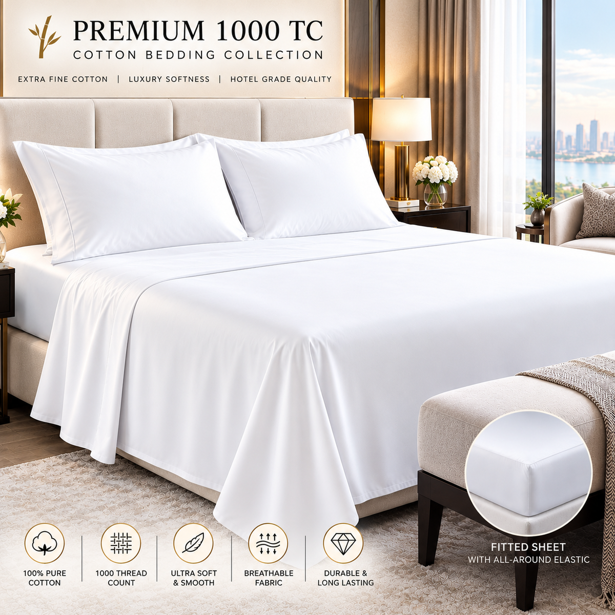 STYLE SQUARE™ Absolute Prestige™ 1000 Thread Count King Sheet Set, 100% Extra-Long-Staple Cotton Sateen, White Bed Sheets, 16-Inch-Deep Pocket, All-Around Elastic, OEKO-TEX® Certified, 4 Piece