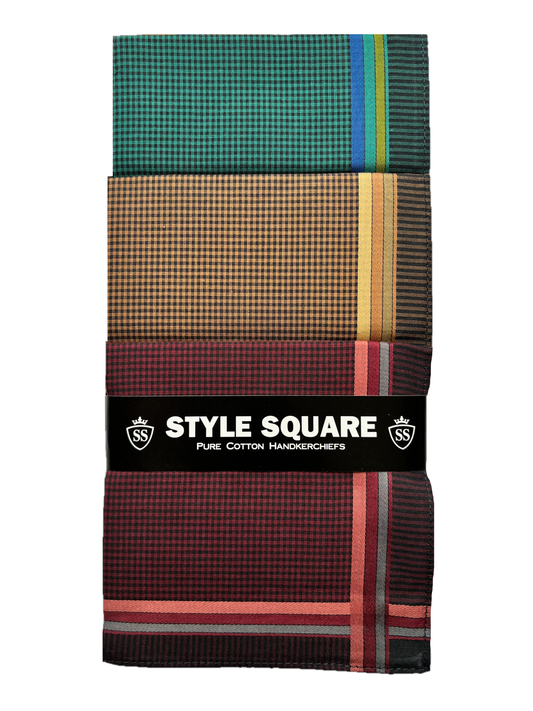 Style Square 100% Cotton Handkerchiefs – Classic Checkered Dark Tones Pack Of 6 (43 x 43 cm)